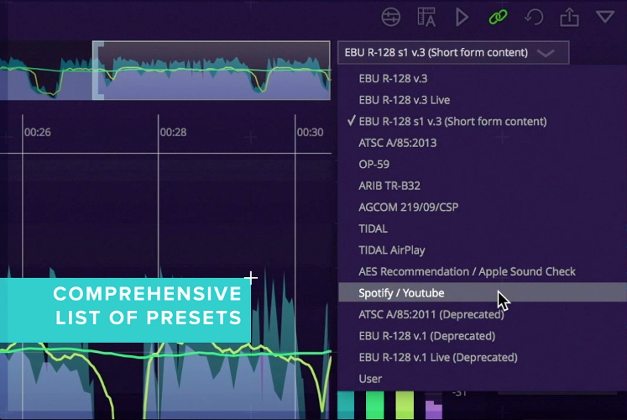 Bute Loudness Analyser - Presets ITU-R BS.1770-1, ITU-R BS.1770-2, ITU-R BS.1770-3, EBU R128 standards, Spotify, YouTube, Apple Check, Hulu, Netflix, TIDAL, Sony Gaming (ASWG), AES Streaming Recommendation, US Public Radio (PRSS), TIDAL and Pandora.  